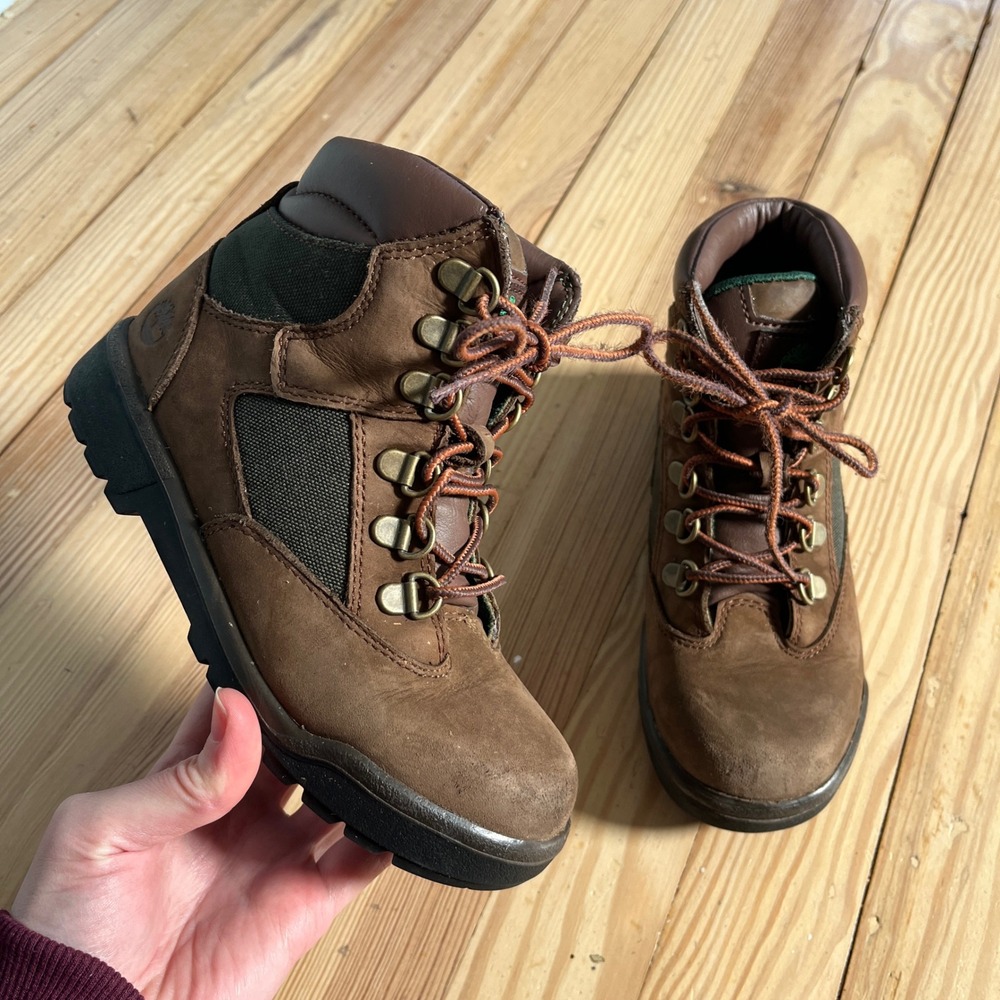 Timberland Boys 2 Brown Leather Olive Green Canvas Field Boots beef‎ & broccoli